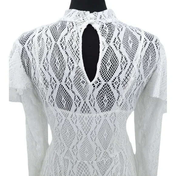 NEW Free People Creamy White Lace Rock Candy Mock Neck Dress M Ruffles Mini - Picture 9 of 12